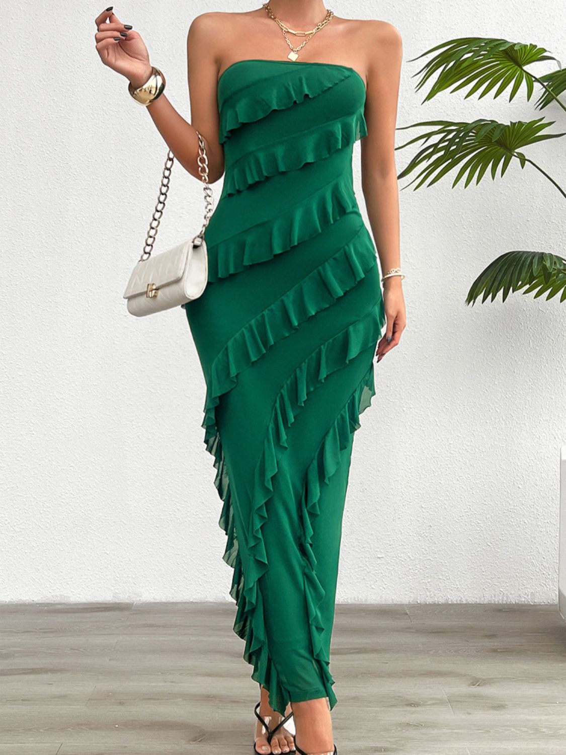 Devine Ruffled Slit Back Tube Maxi Dress - Ladyez
