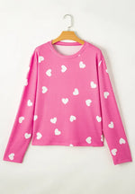 Heart Round Neck Long Sleeve Top and Elastic Waist Shorts Set - Ladyez