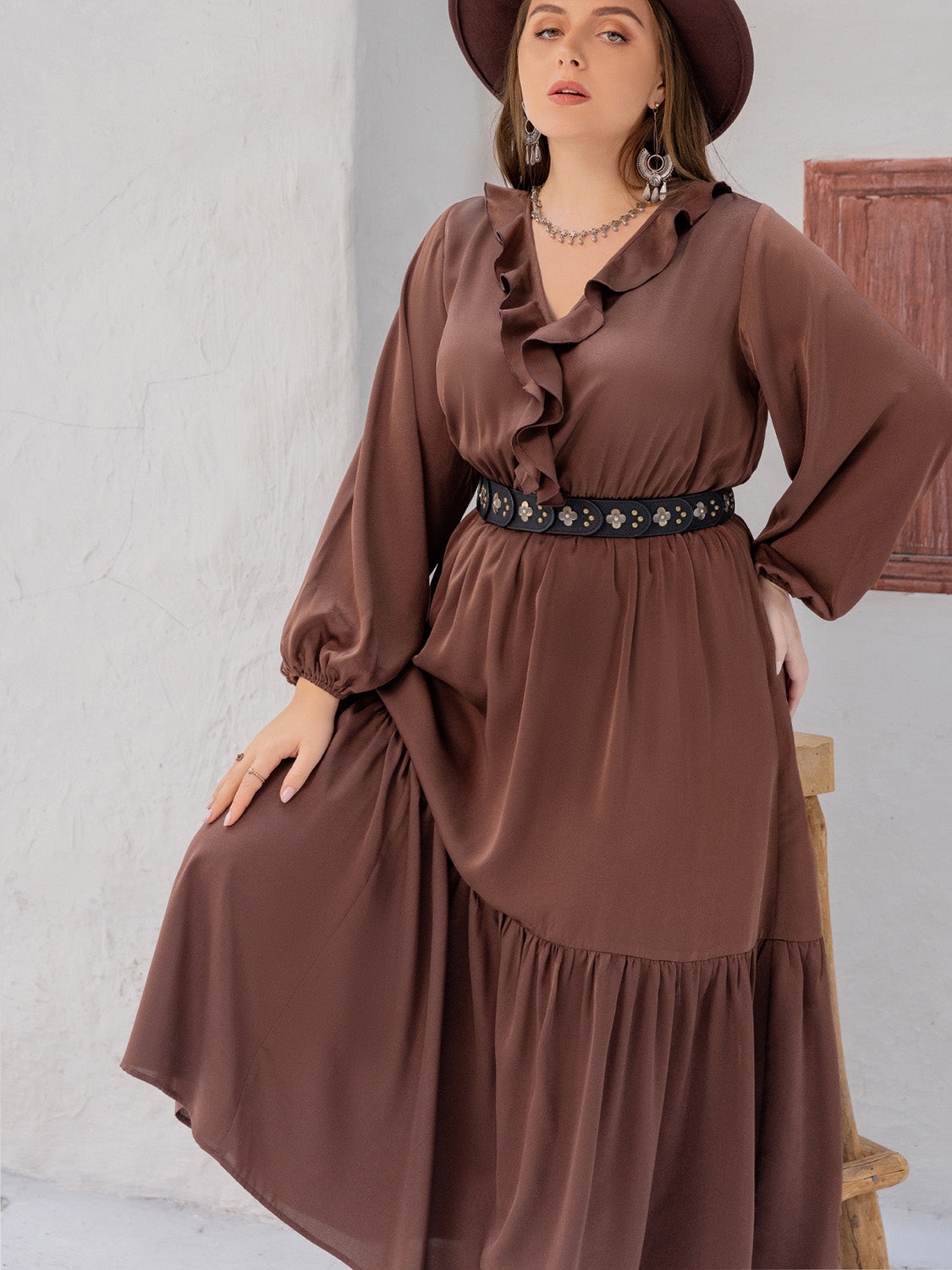 Plus Size V-Neck Ruffle Trim Maxi Dress - Ladyez