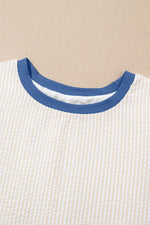 Stripe Seersucker Contrast Round Neck Puff Sleeve T Shirt Dress