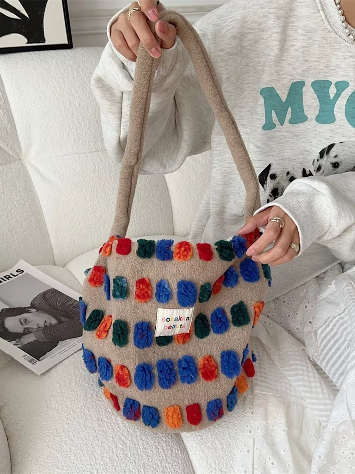 Colorful Pom-Pom Plush Crossbody Bag
