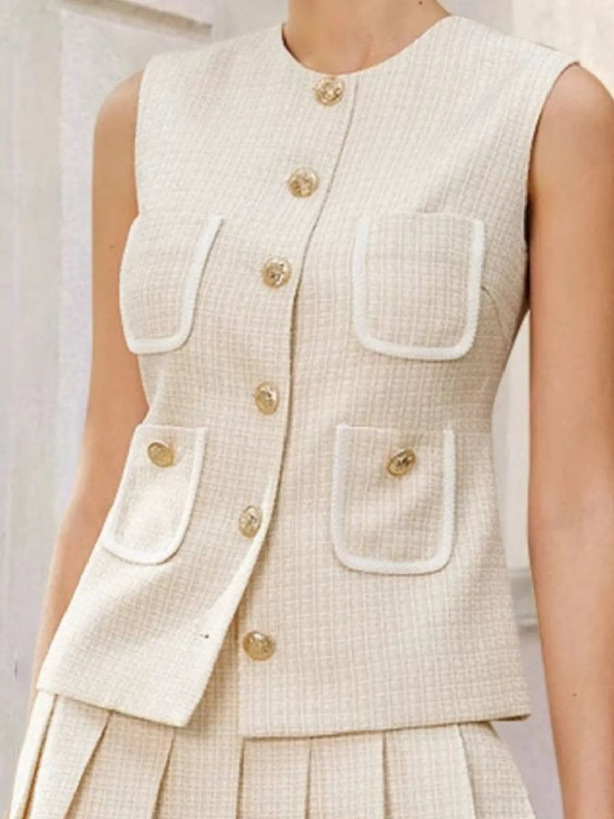 Tweed Button-Front Vest and Pleated Skirt Set