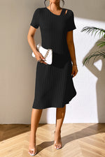 Ivy Lane Ribbed Asymmetrical Neck Short Sleeve Dress - Ladyez
