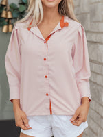 Stripe Color Block Patchwork Detail Frilled Collar Button Down Shirt