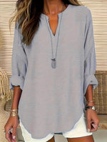 Notched Long Sleeve Casual Blouse - Ladyez