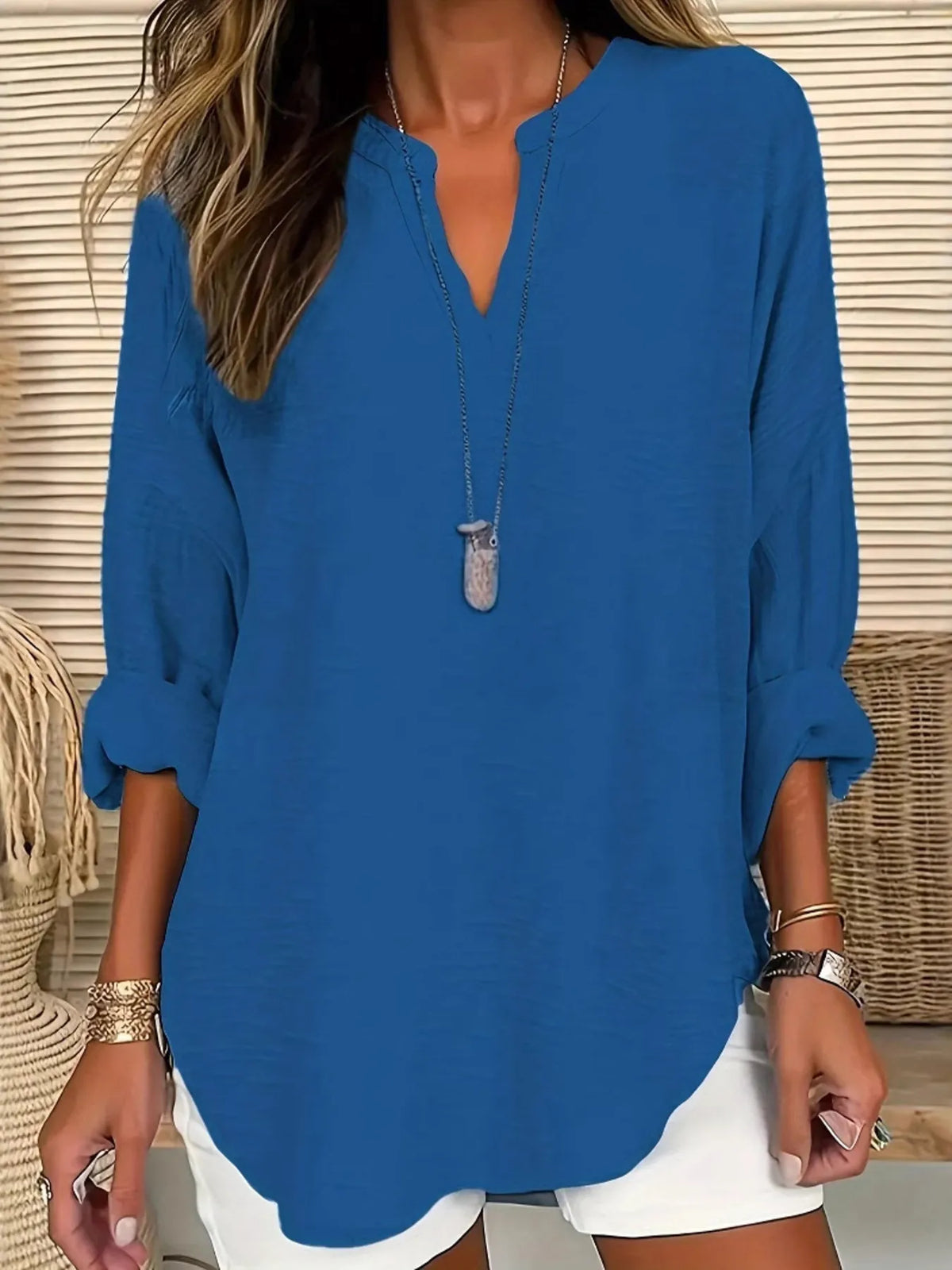 Notched Long Sleeve Casual Blouse - Ladyez