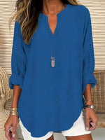 Notched Long Sleeve Casual Blouse - Ladyez