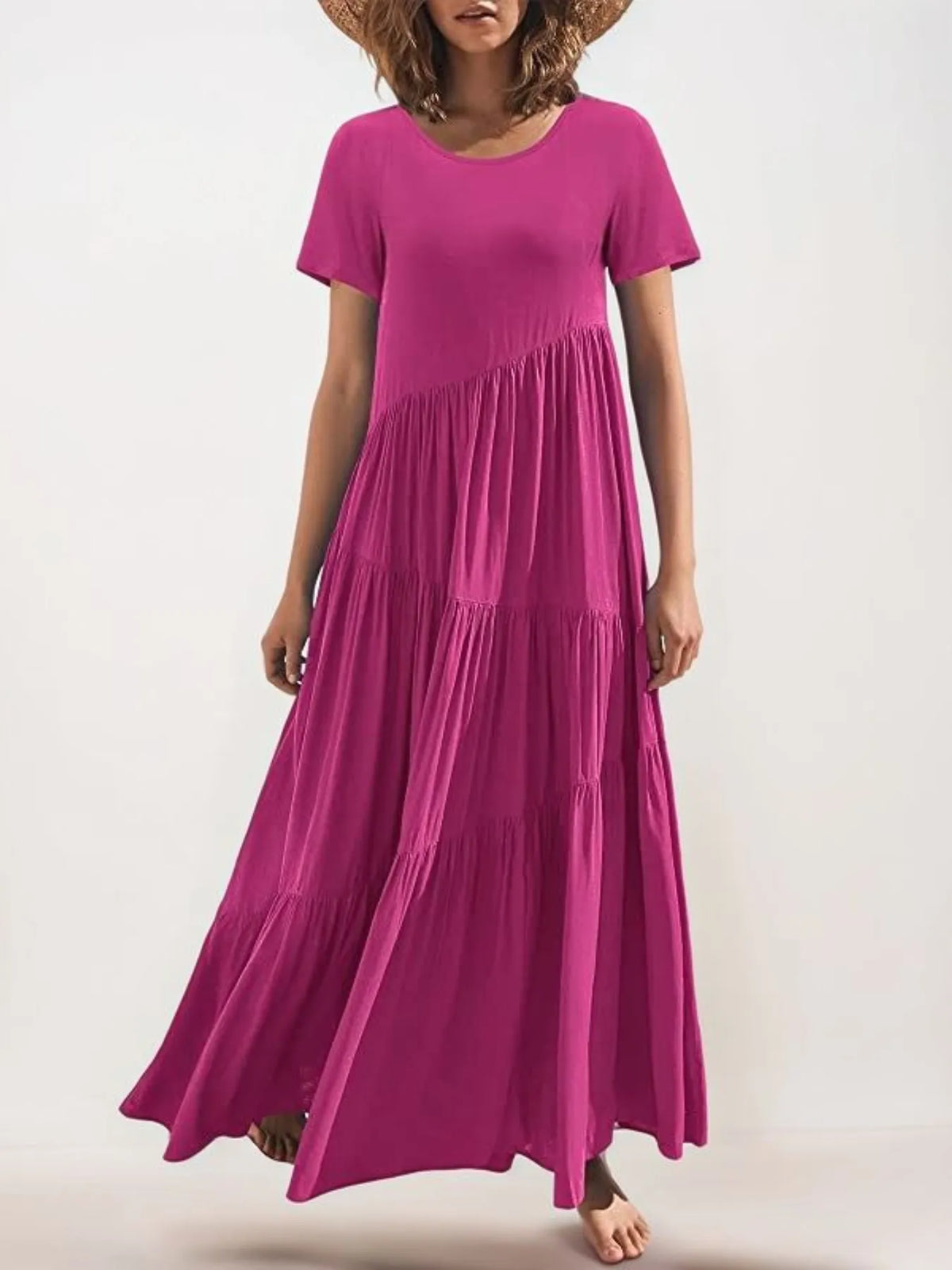 Round Neck Tiered Ruffle Maxi Dress - Ladyez
