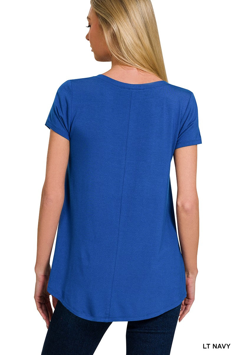 Zenana Rayon Short Sleeve V-neck Round Hem Top