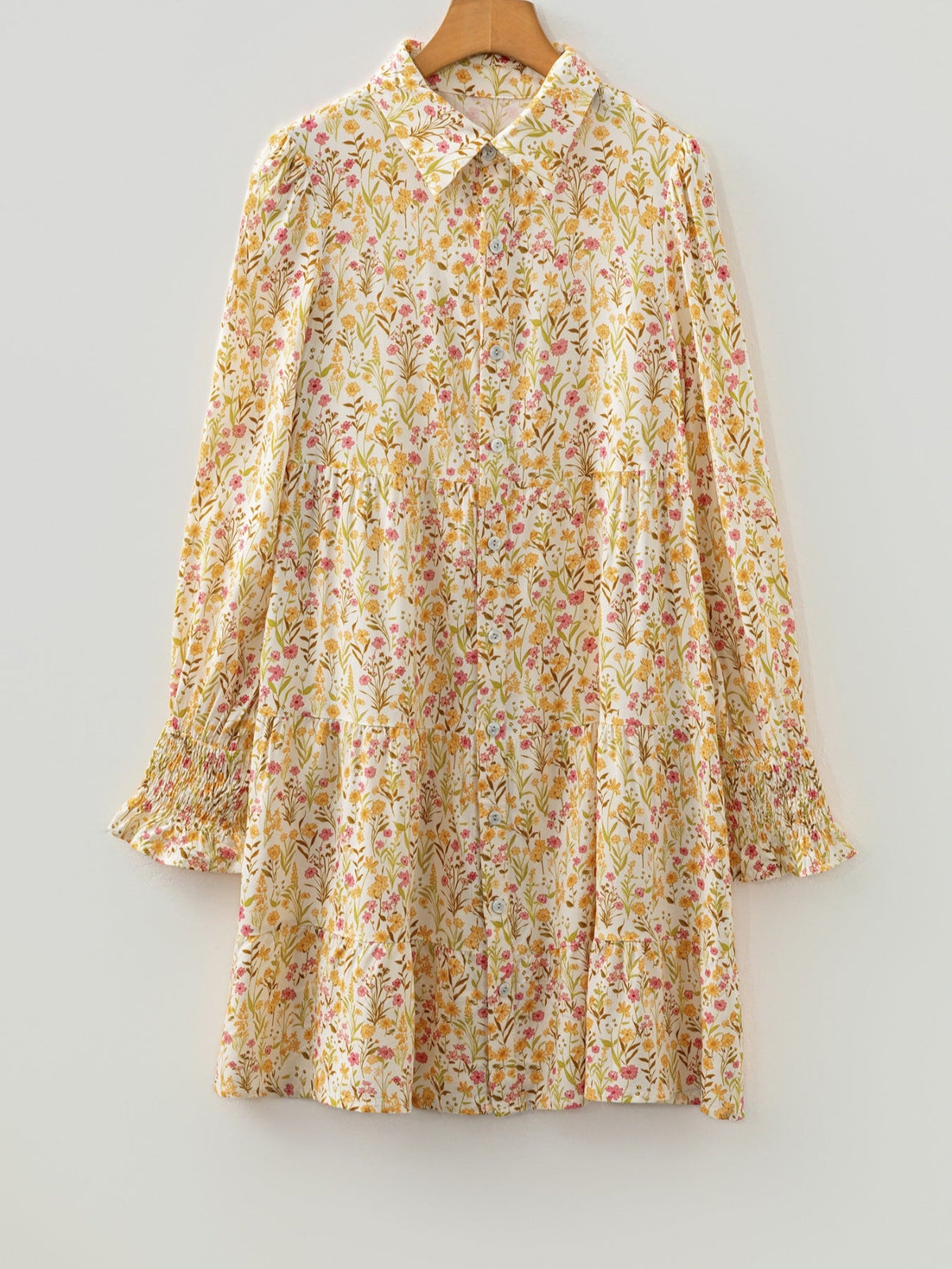 Floral Print Frilly Trim Smocked Cuff Long Sleeve Loose Shirt Dress