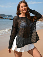 Openwork Slit Boat Neck Long Sleeve Cover-Up - Ladyez