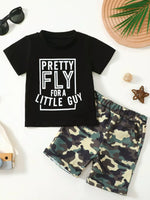 Children's Letter Graphic Tee and Camouflage Shorts Set