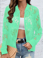 Sheer Lace Zip Up Long Sleeve Jacket - Ladyez