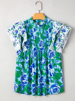 Floral Lace Trim Contrast Ruffle Sleeve Pleated Loose Blouse