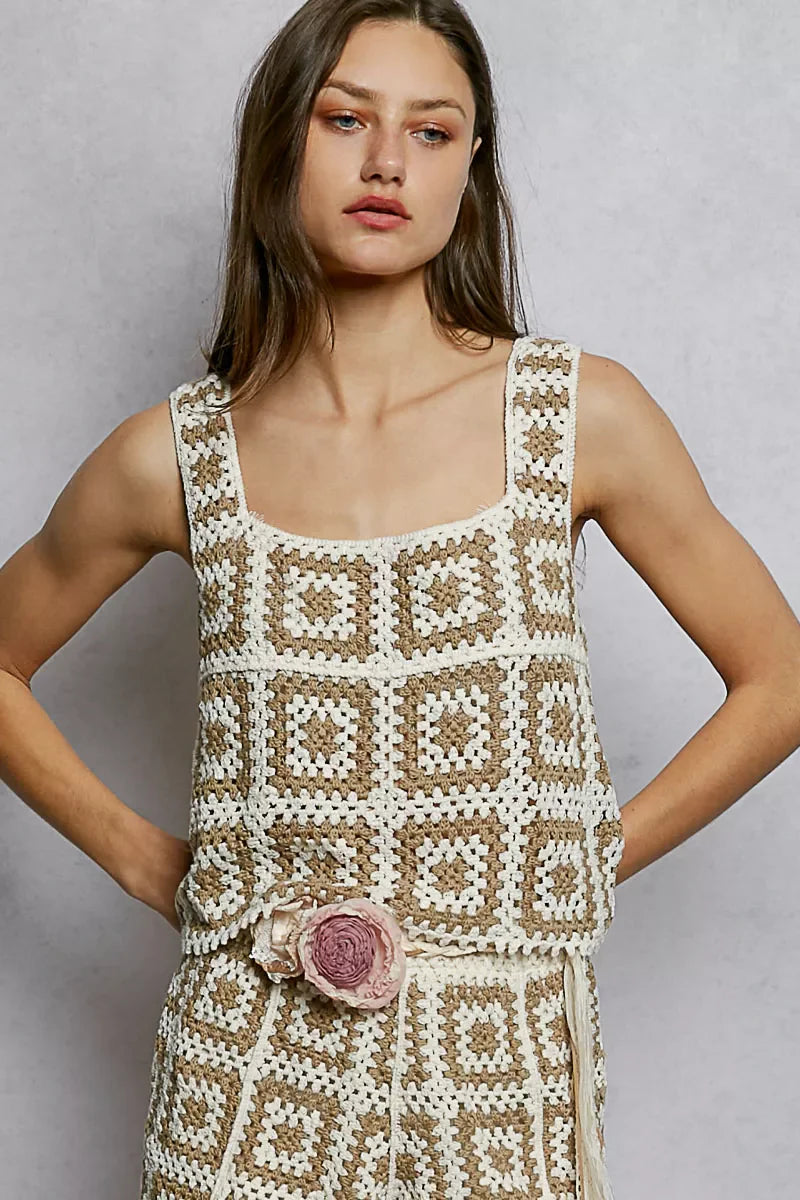 POL Openwork Square Neck Cropped Crochet Tank with Granny Square Weave
