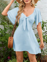 Smocked Back Knotted Flutter Sleeve Dress - Ladyez