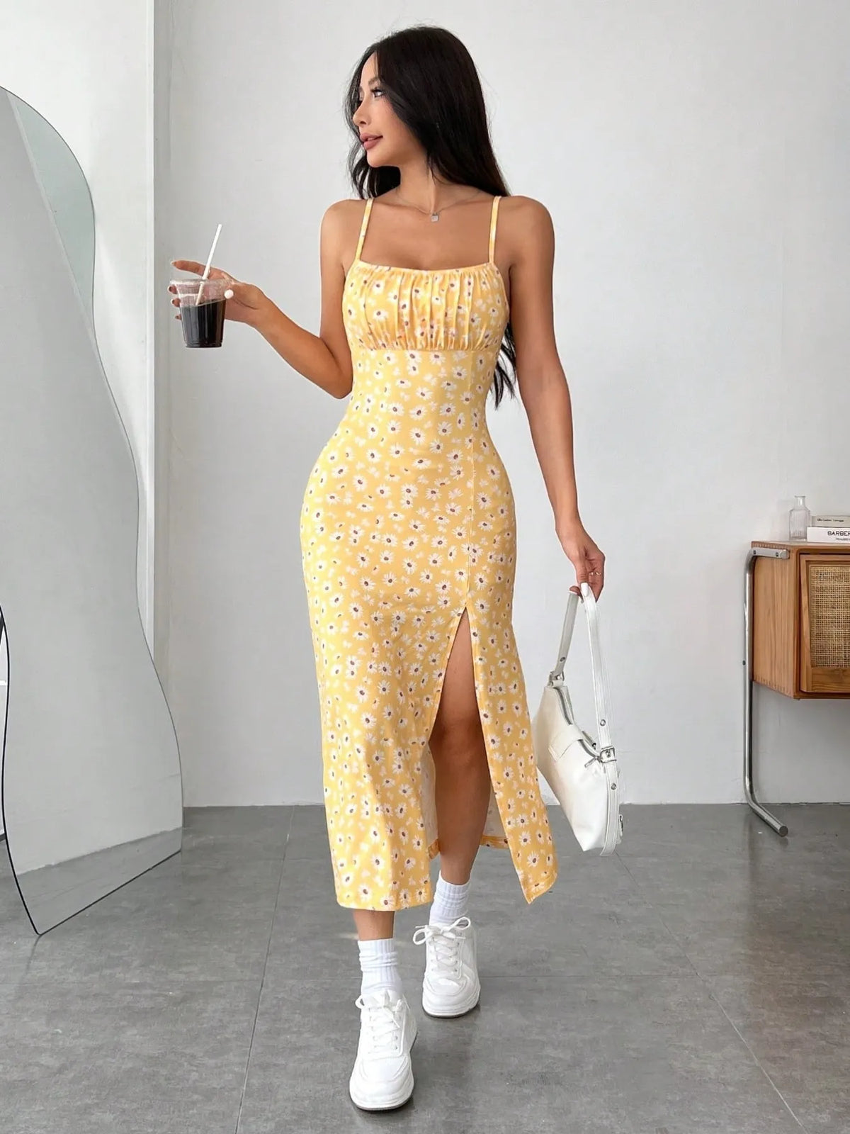 Daisy Print Cami Midi Dress with Slit
