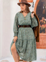 Plus Size Printed V-Neck Long Sleeve Midi Dress