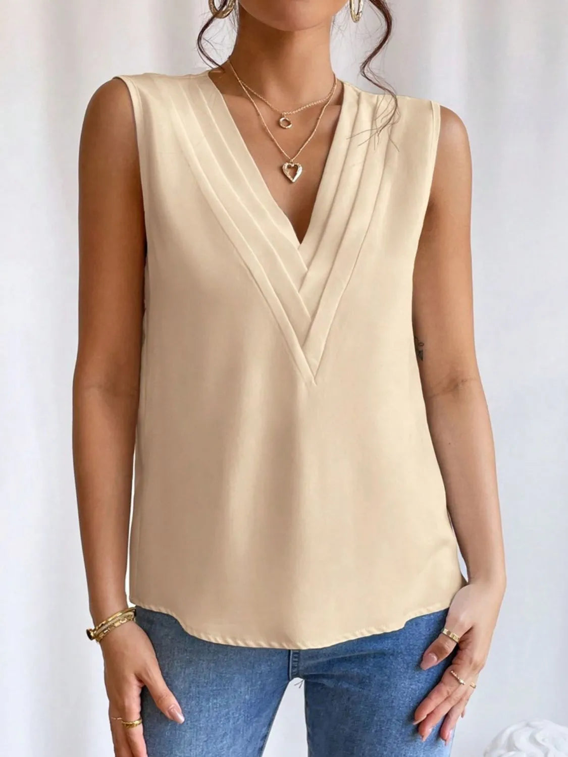V-Neck Pleated Sleeveless Cami Tank Top - Ladyez