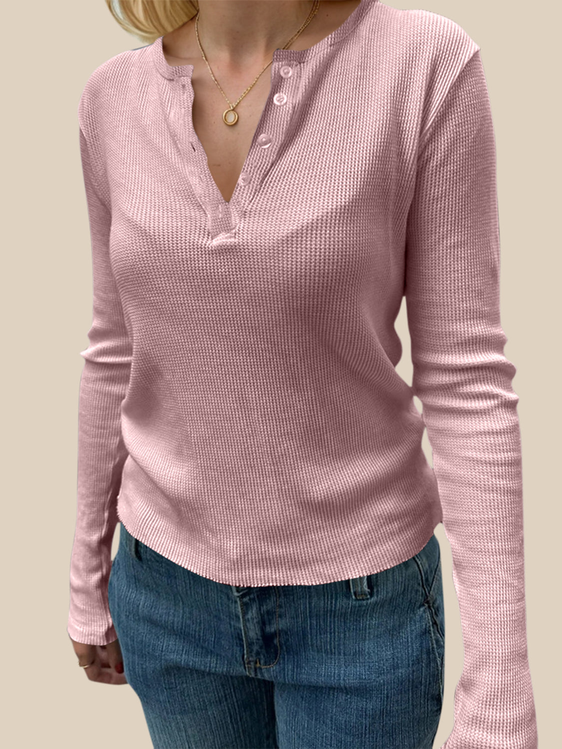 Devine Quarter Button Long Sleeve T-Shirt - Ladyez