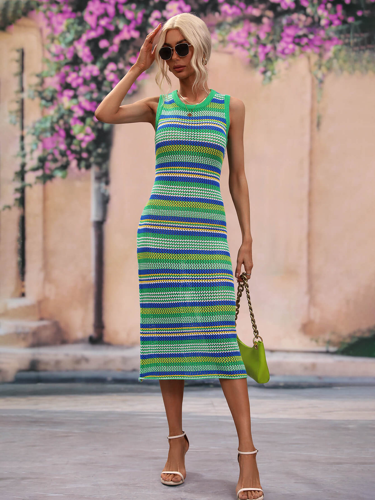 Striped Round Neck Sleeveless Midi Cover Up Dress - Ladyez