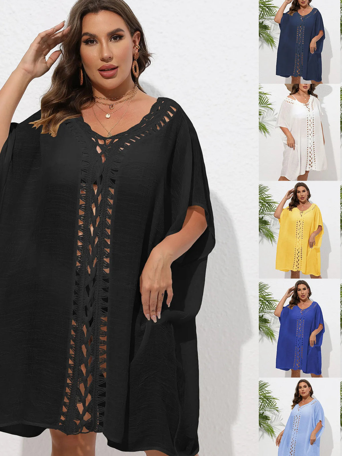 Crochet Trim V-Neck Beach Cover Up Dress - Ladyez