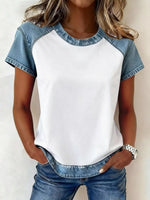 Denim Patchwork Short Sleeve Blouse