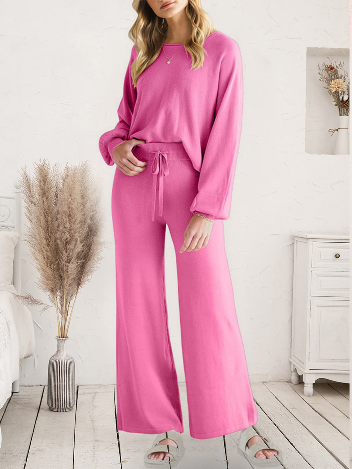 Long Sleeve Lounge Top and Drawstring Pants Set - Ladyez