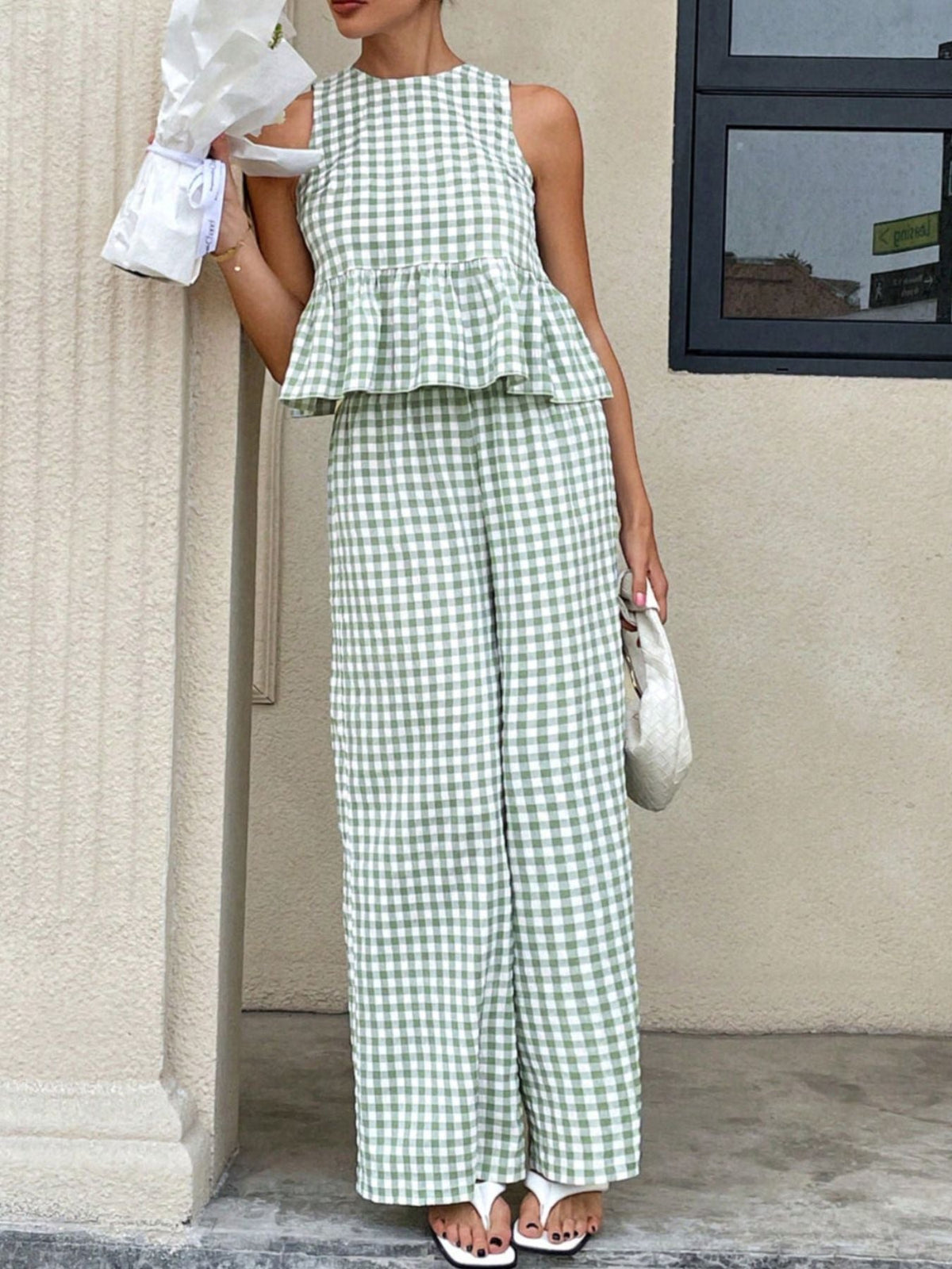 Gingham Sleeveless Top and Wide-Leg Pants Set