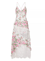 Lace Floral Print Ruffle Trim Maxi Dress