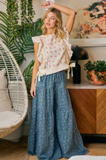 BiBi Flower Printed Ruffle Sleeve Trim Detail Top