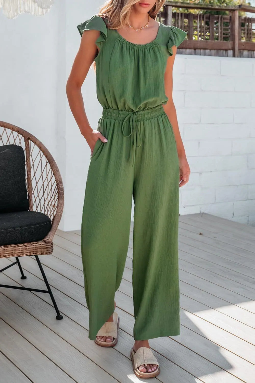 Ruffled Cap Sleeve Wide Leg Jumpsuit - Ladyez
