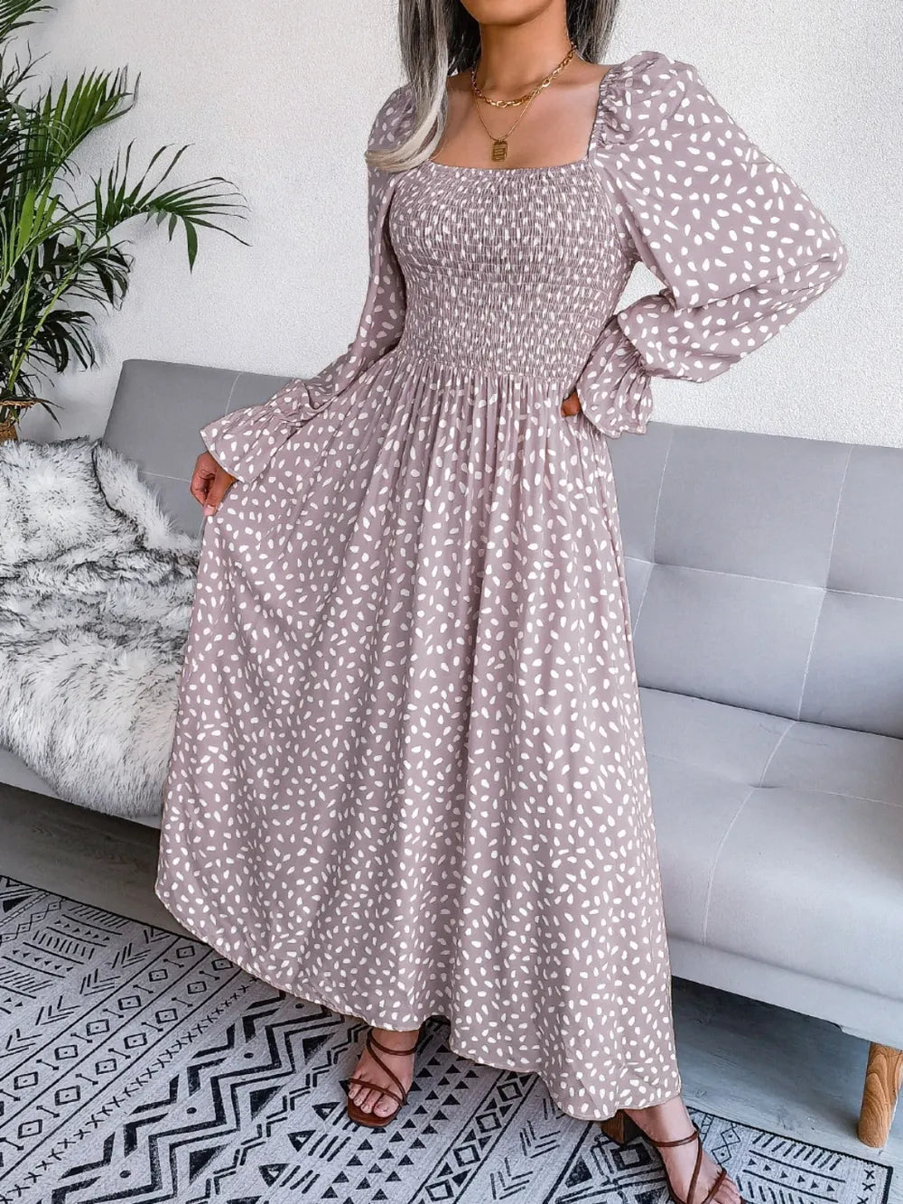 Smocked Square Neck Flounce Sleeve Dress - Ladyez