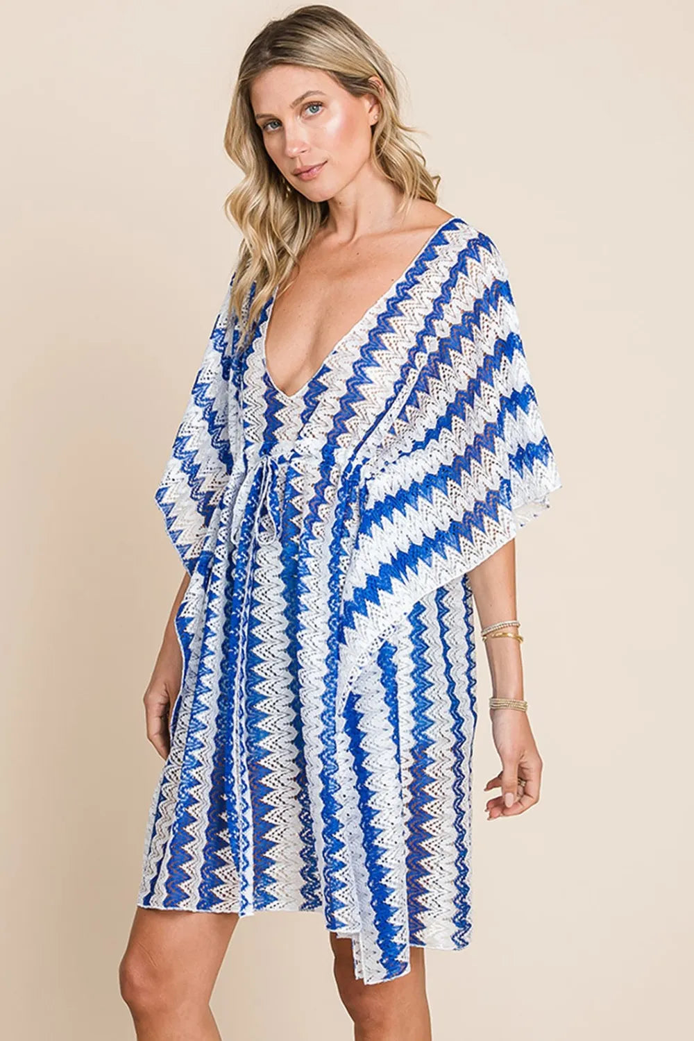 Cotton Bleu by Nu Lab Tied Striped Plunge Half Sleeve Cover-Up - Ladyez