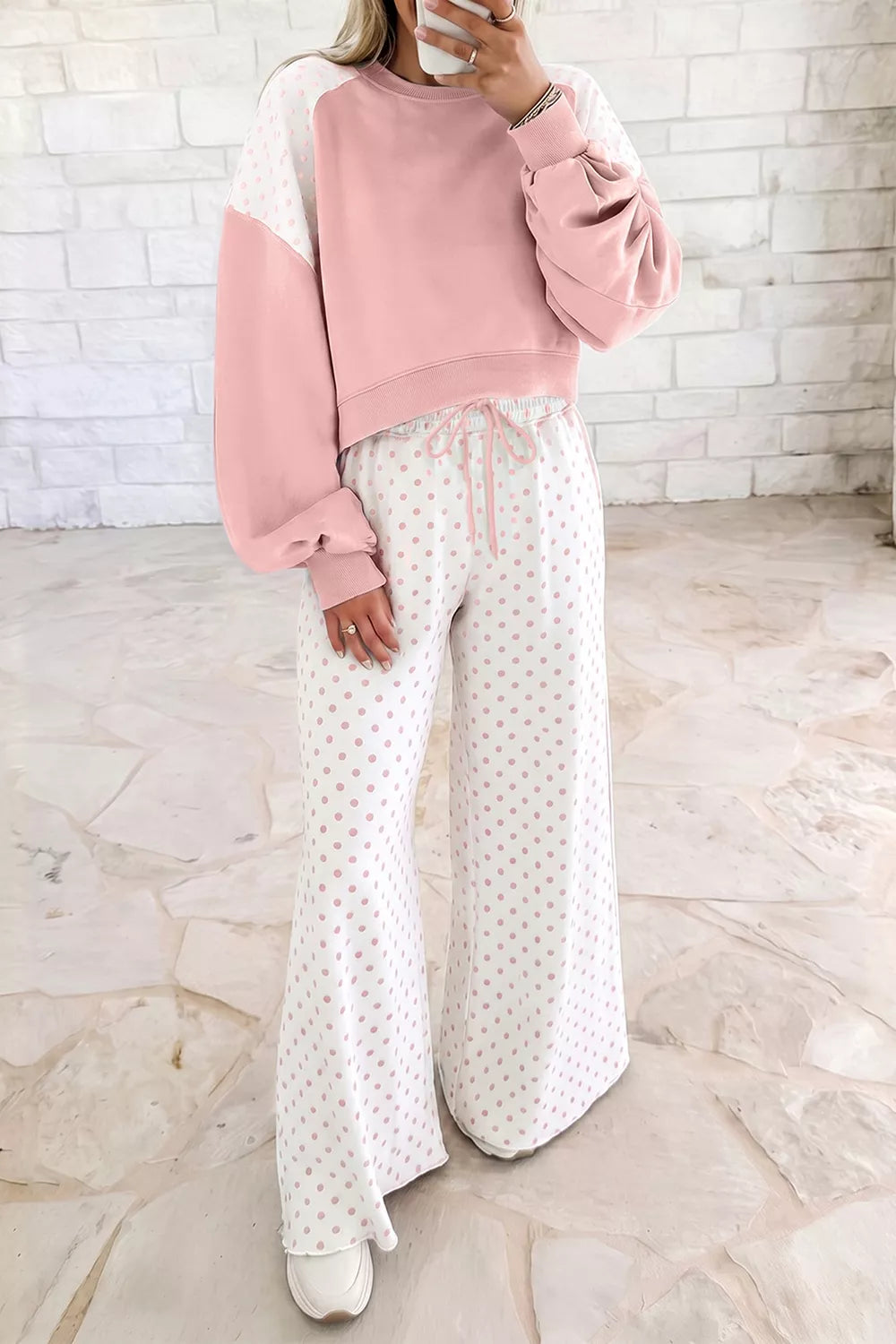 Polka Dot Cropped Sweatshirt and Wide-Leg Pants Set