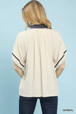 Umgee Linen Puff Sleeve Contrast Trim Top