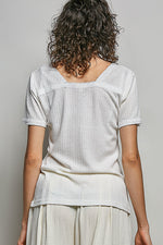 POL Lace Detail V-Neck Short Sleeve Textured T-Shirt