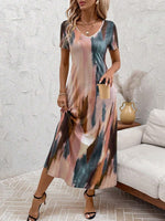 Tie-Dye V-Neck Short Sleeve Midi Tee Dress - Ladyez