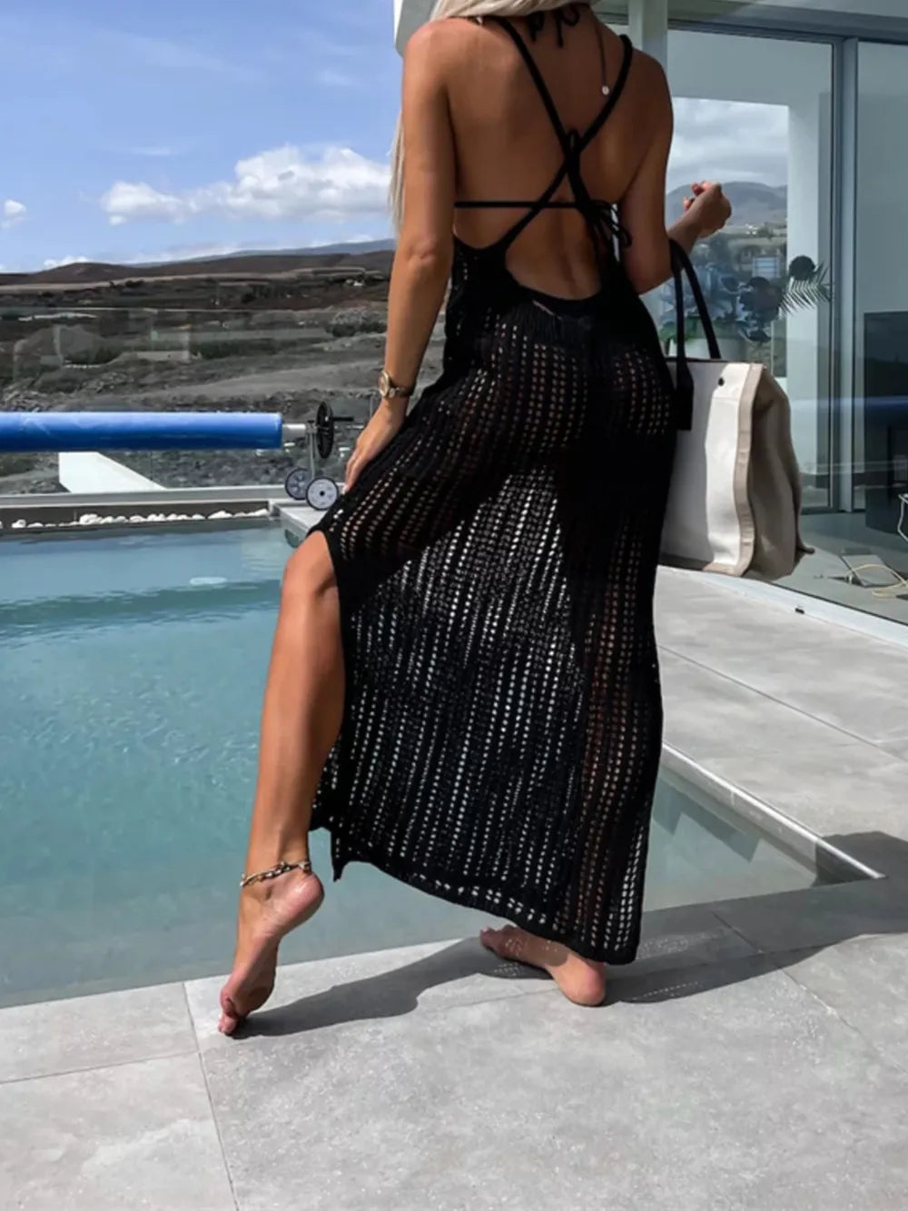 Openwork Slit Cutout Wide Strap Dress - Ladyez