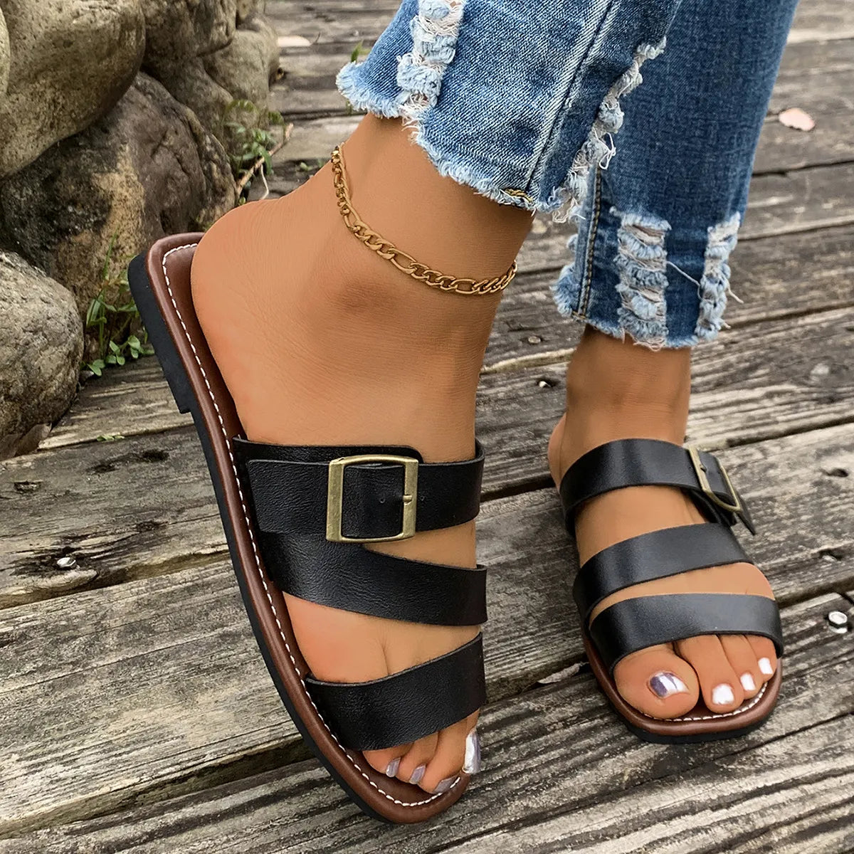 Open Toe Buckle Flat Sandals