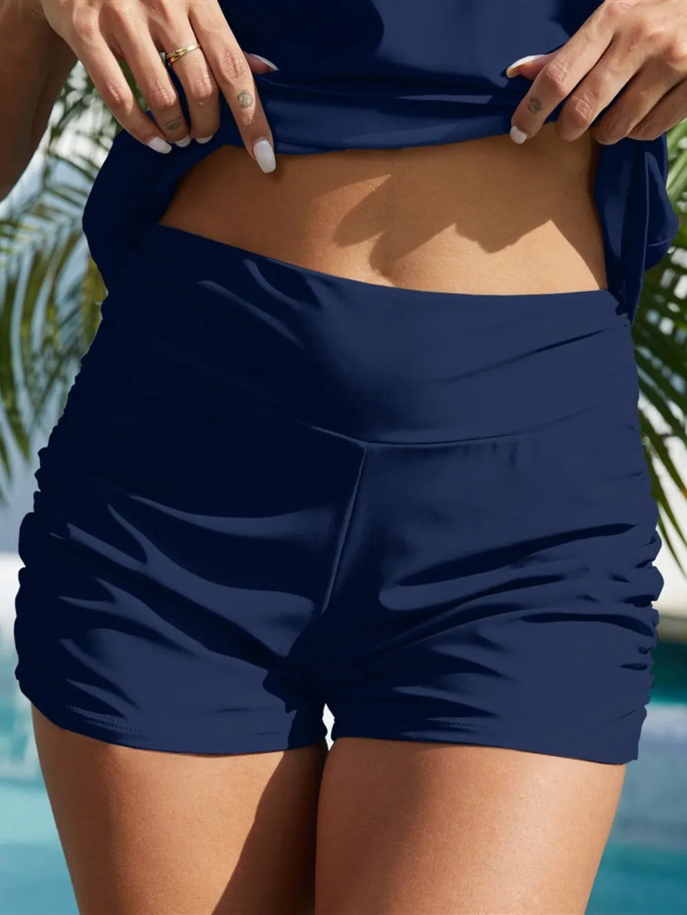 FAM-FAM Ruched Mid-Rise Waist Swim Shorts - Ladyez