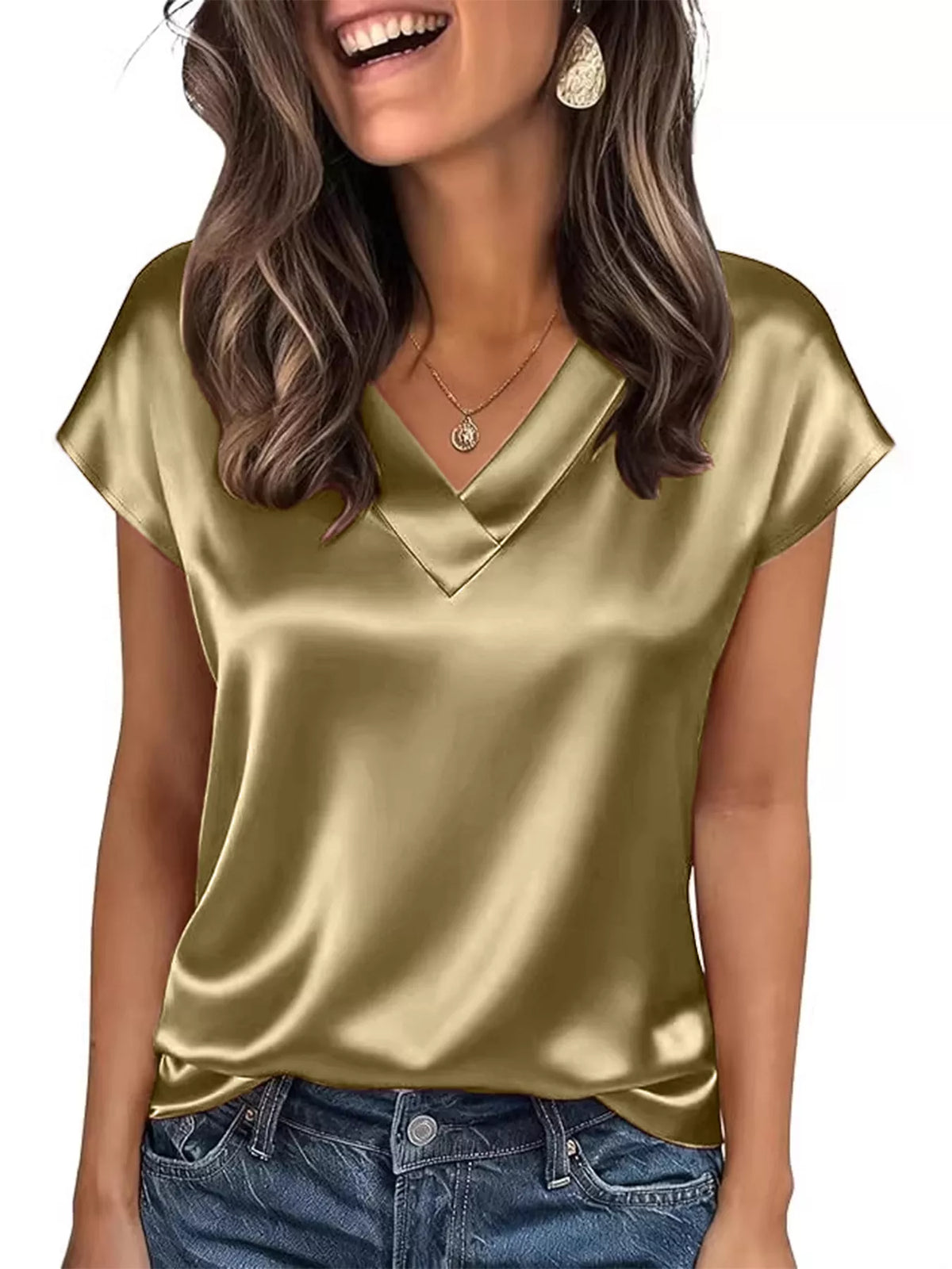 Satin V-Neck Short Sleeve Blouse