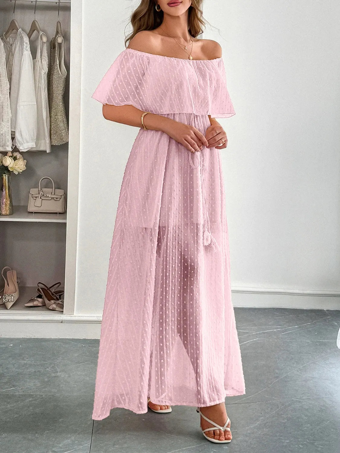 Swiss Dot Off Shoulder Maxi Dress - Ladyez