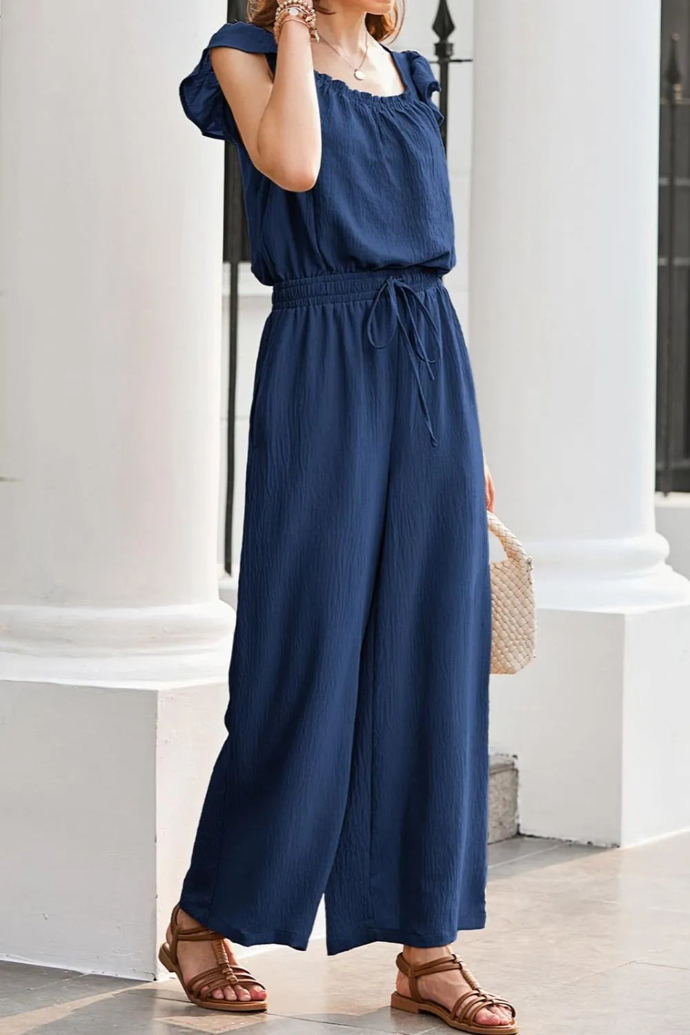 Ruffled Cap Sleeve Wide Leg Jumpsuit - Ladyez
