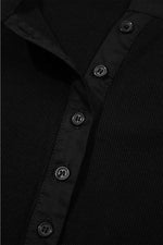 Ribbed Patchwork Puff Sleeve Half Button Placket Slim Fit Top