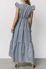 Slit Striped V-Neck Ruffled Cap Sleeve Dress