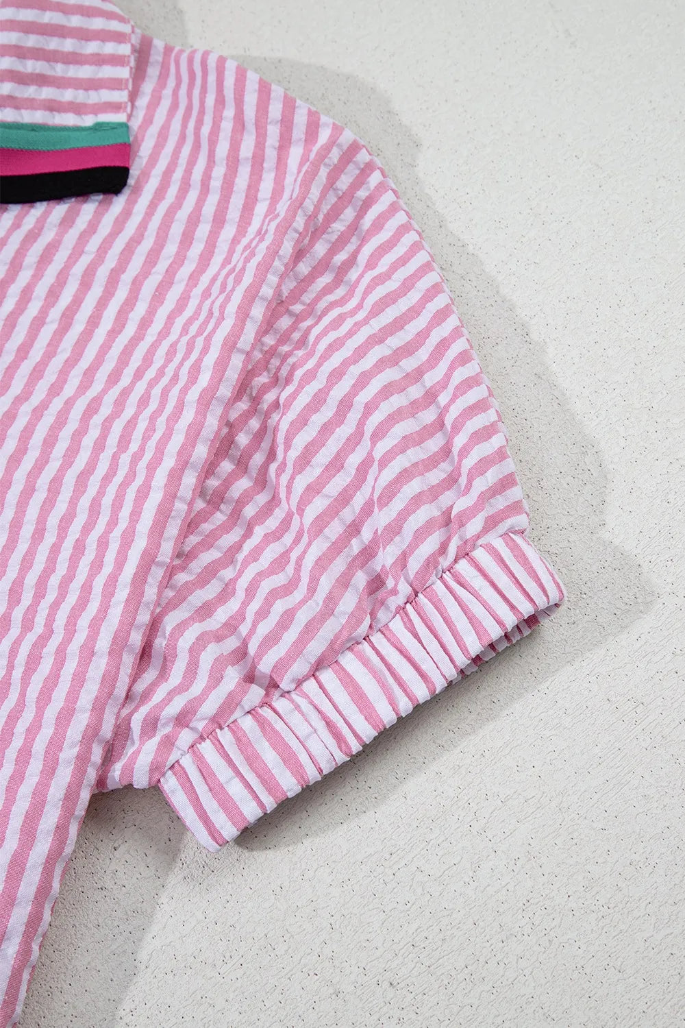 Striped Print Contrast Split Neck Dolman Sleeve Blouse - Ladyez