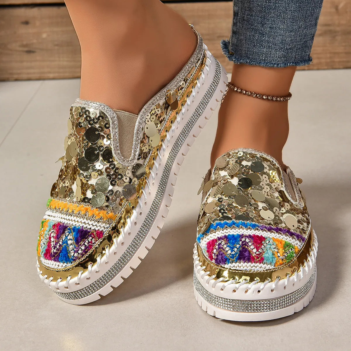 Sequin Round Toe Platform Loafers