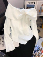 Off-Shoulder Bowknot Ribbed Knit T-Shirt