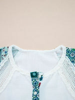 Mesh Patched Color Block Half Button Blouse